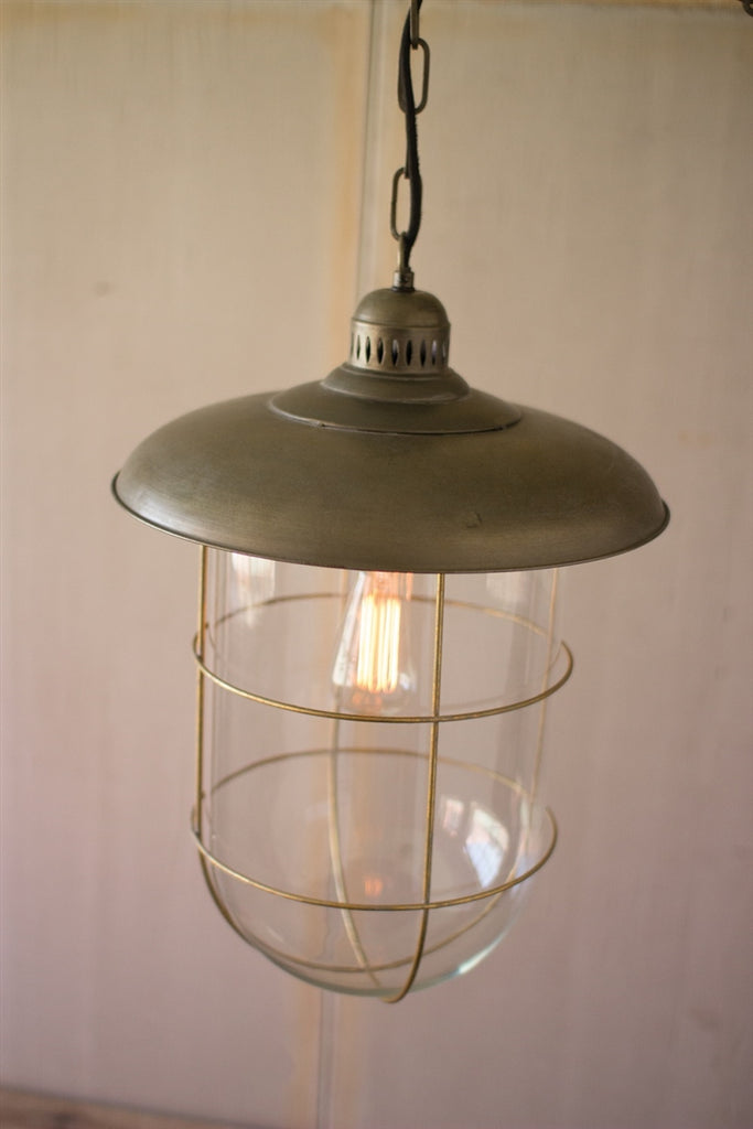 Antique Brass Caged Glass Dome Pendant Light
