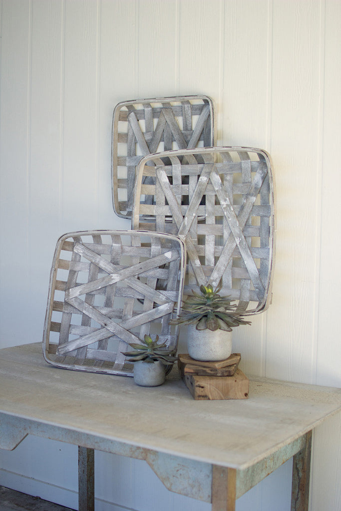 set of 3 grey wash square woven split wood baskets