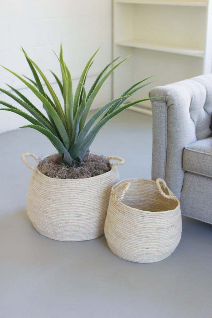 set of 2 round seagrass baskets with handles