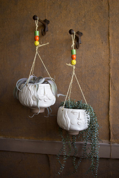 set of 2 ceramic white hanging face planters
