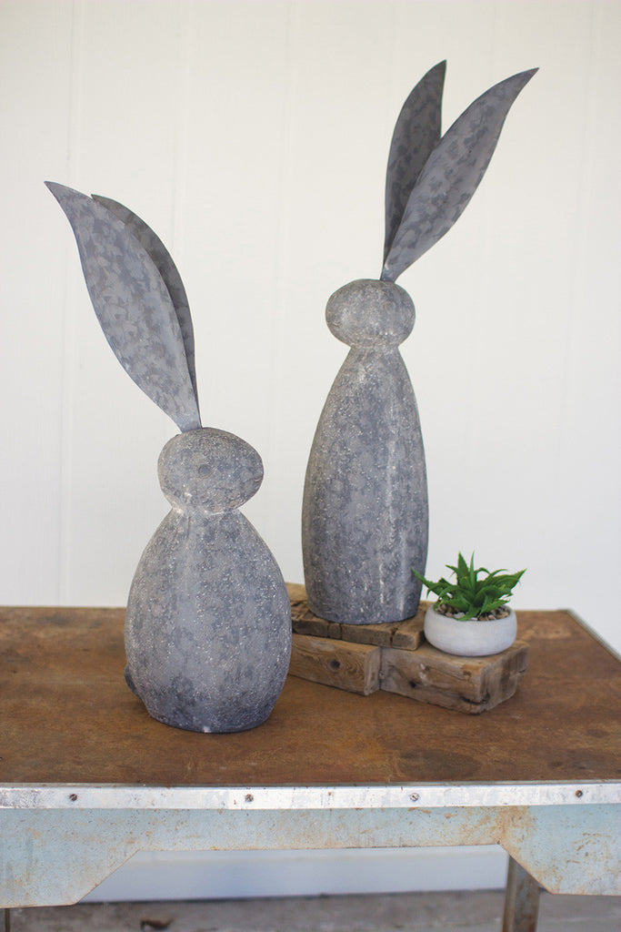 faux stone rabbit with tall metal ears \ tall
