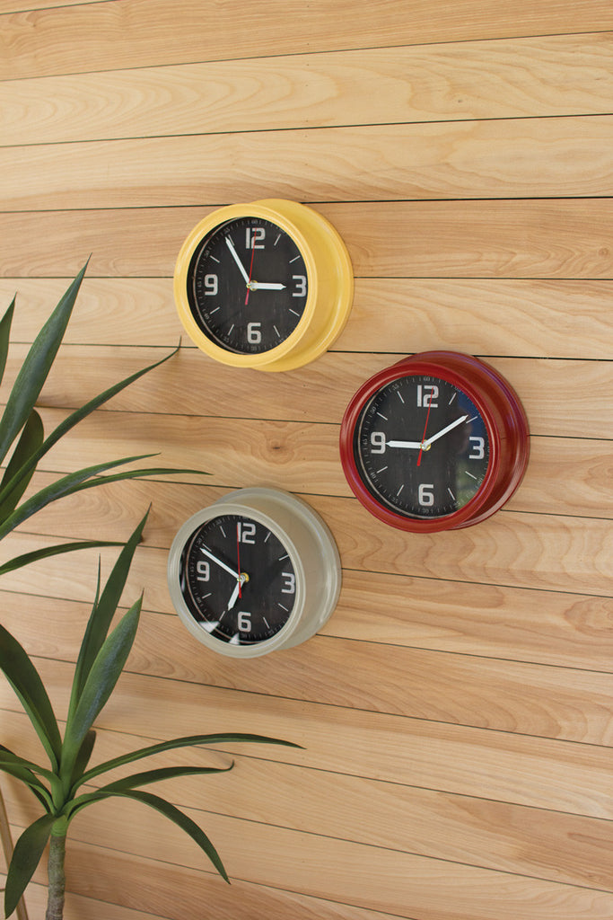 set of 3 painted metal schoolhouse clocks