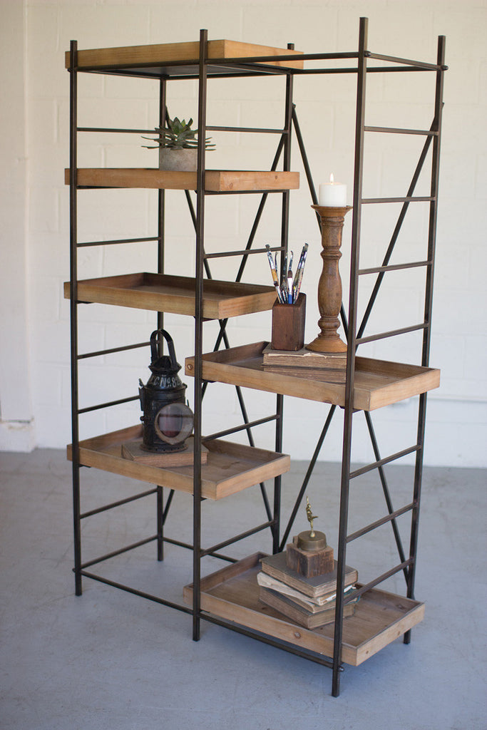 iron shelving unit \ six adjustable wooden shelves