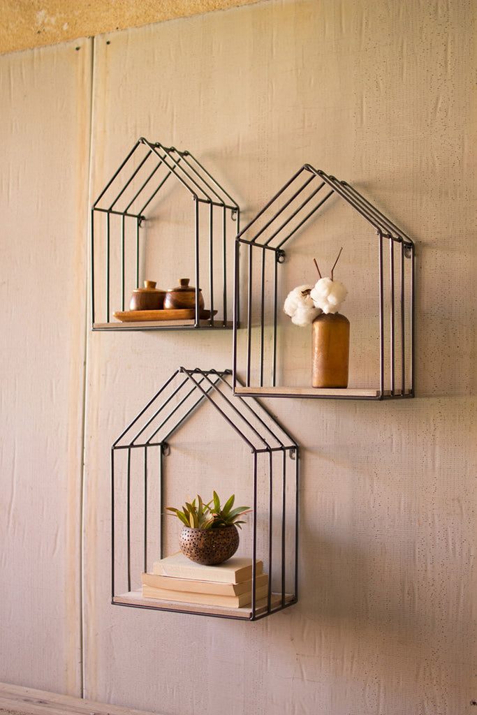 set of 3 wood and metal house shelves