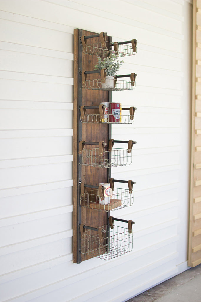 recycled wood & metal wall rack with six wire storage baskets