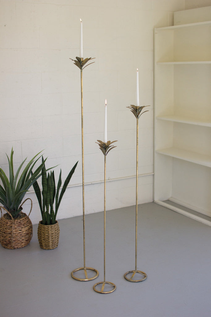 set of 3 tall antique brass palm taper candle towers
