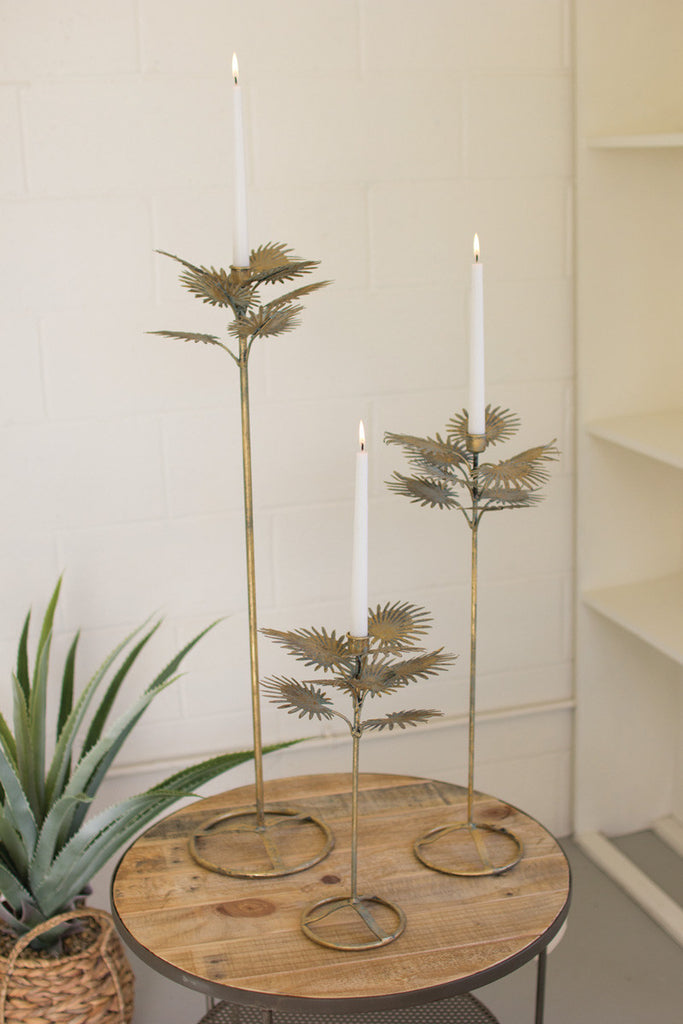 set of 3 table top antique brass palm taper candle towers