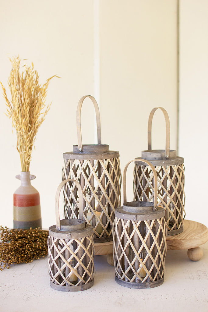 Grey Willow Cylinder Lanterns With Glass Inserts - Set of 4
