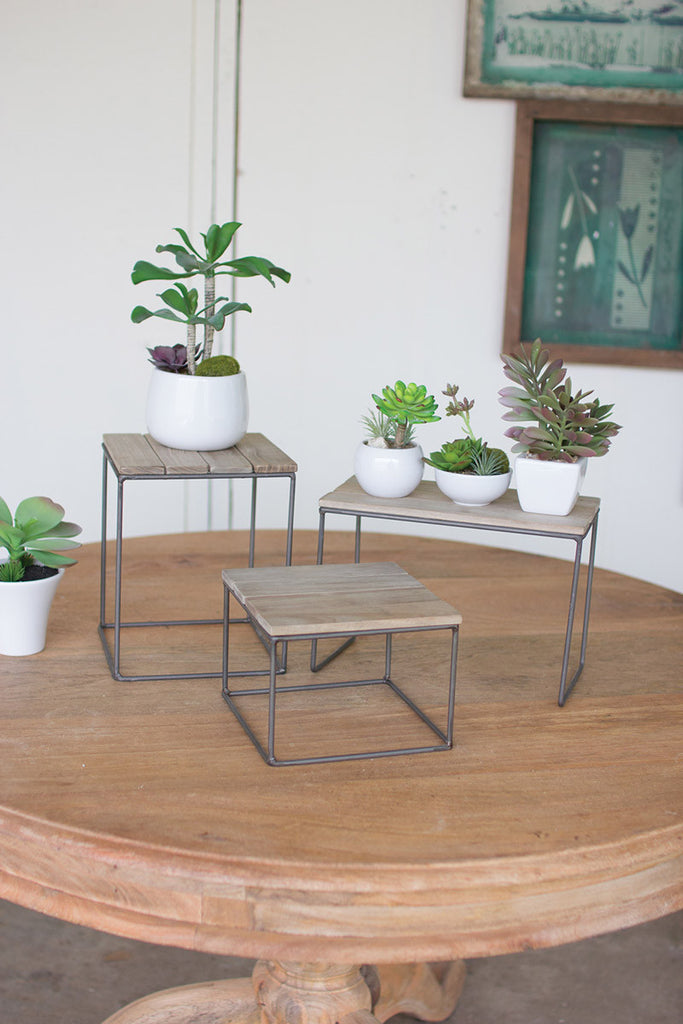 set of 3 wood and metal table top risers
