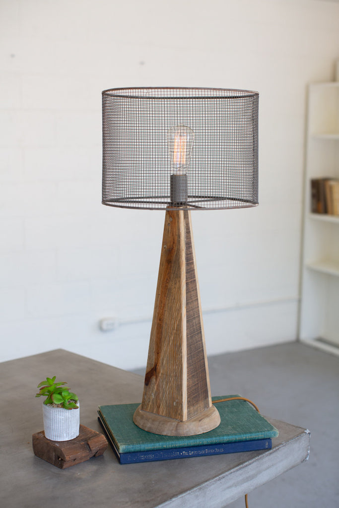 Table Lamp With Mesh Shade With Wooden Base - Tall
