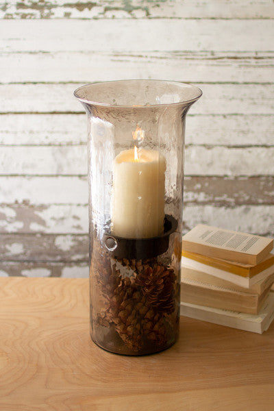 Original Smoked Glass Candle Cylinder With Rustic Inserts - Large