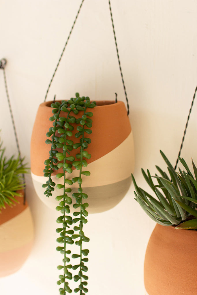Color Dipped Clay Wall Pocket Planters With Wire Hangers - Set of 3
