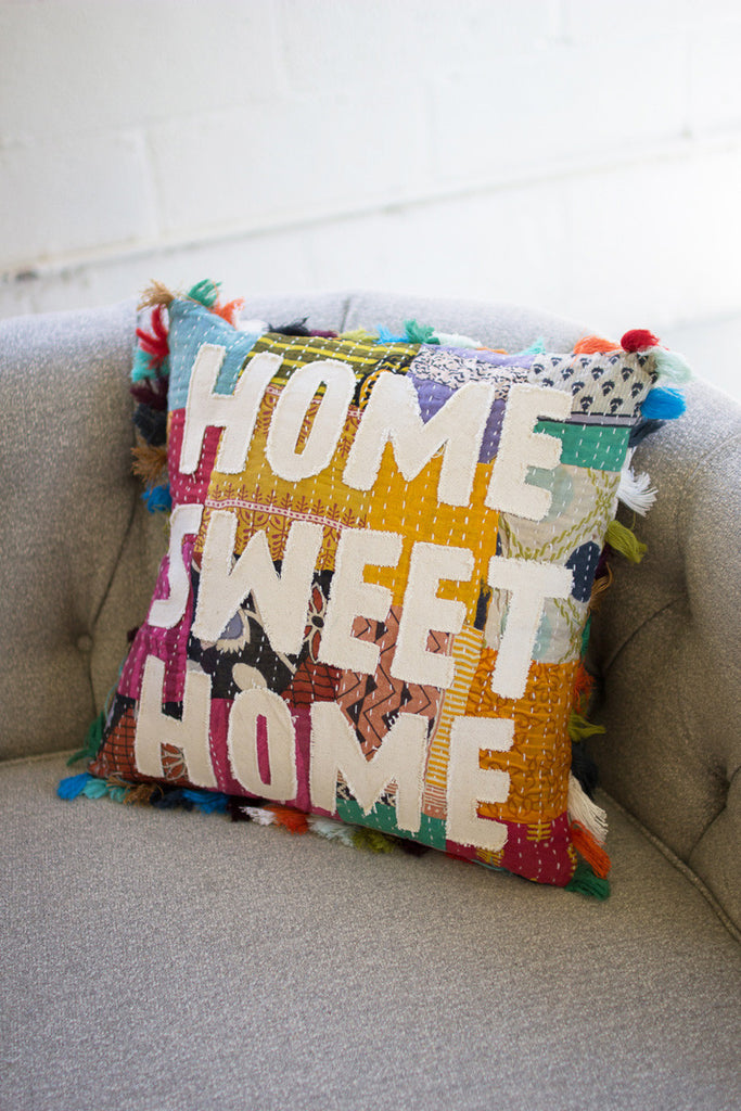 Home Sweet Home Kantha Pillow With Tassels