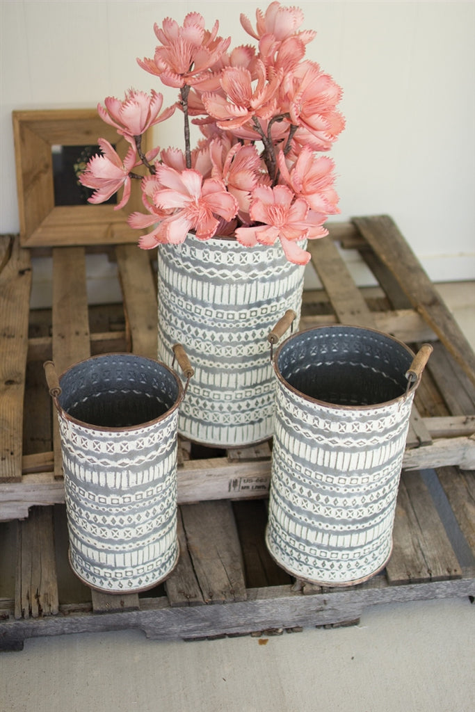Pressed Tin Buckets With Wooden Handles - Set of 3