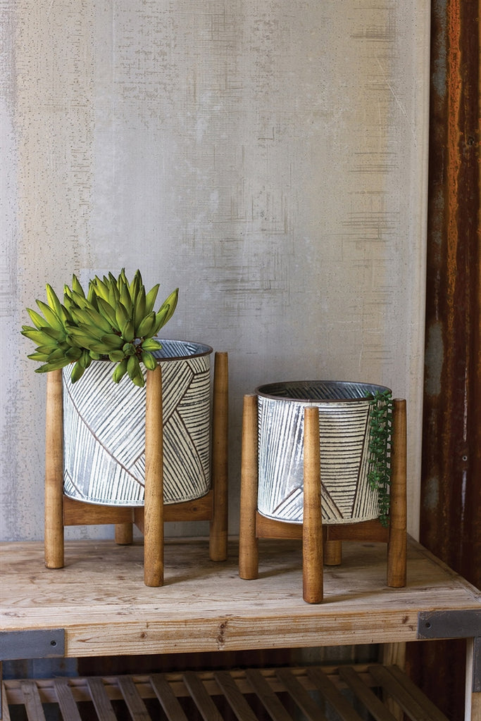 Pressed Tin Planters With Wooden Bases - Set of 2