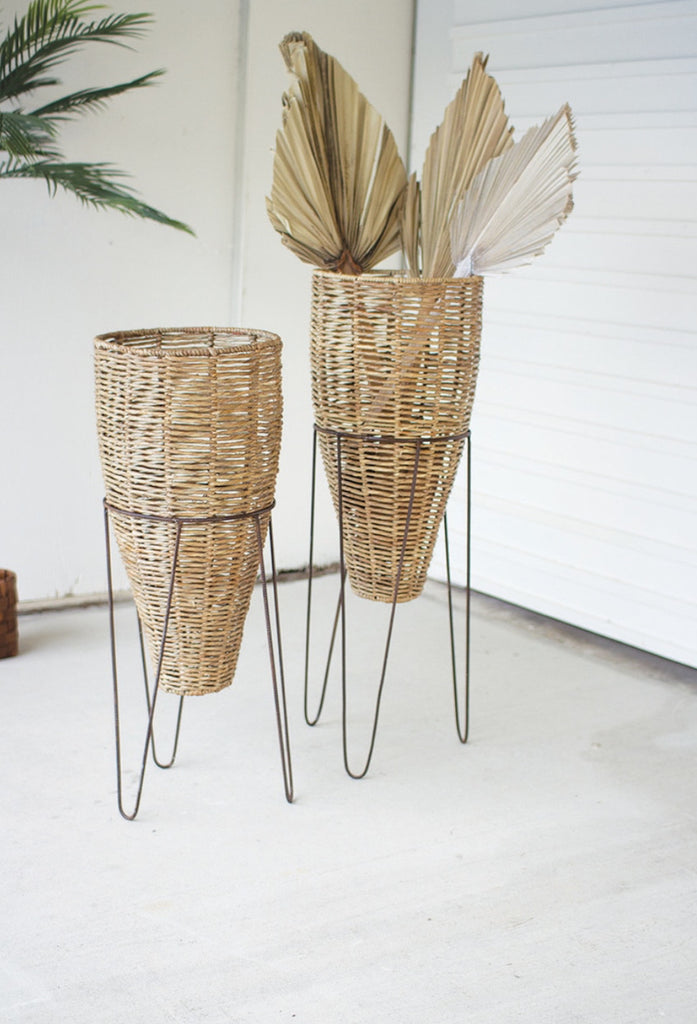 Seagrass Cone Planters with Iron Stands- Set of 2