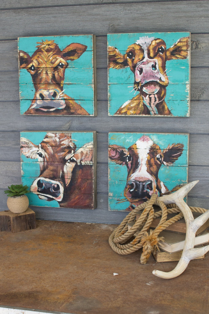 Cow Paintings on Recycled Wood Panels - Set of 4