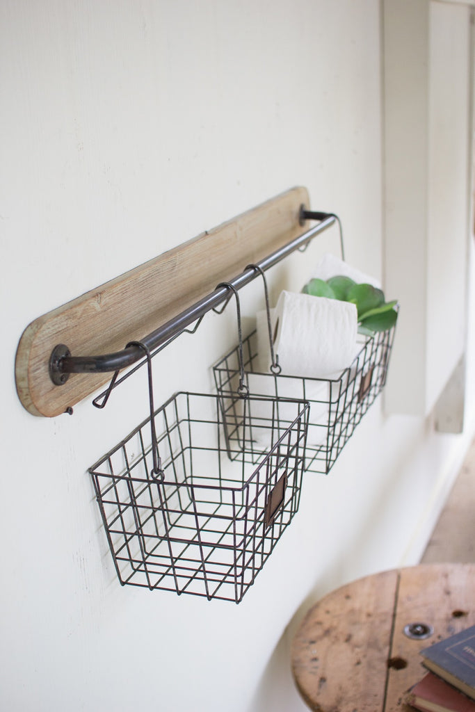Wood And Metal Wall Bracket With 2 Wire Baskets