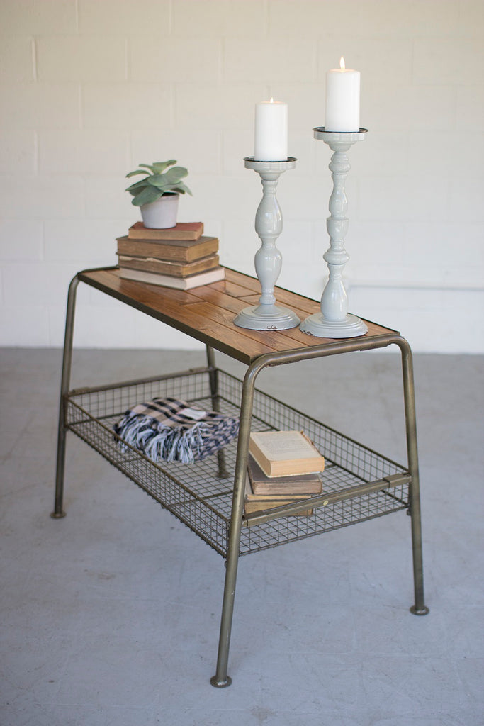 Wood and Metal Console With Wire Mesh Lower Tray