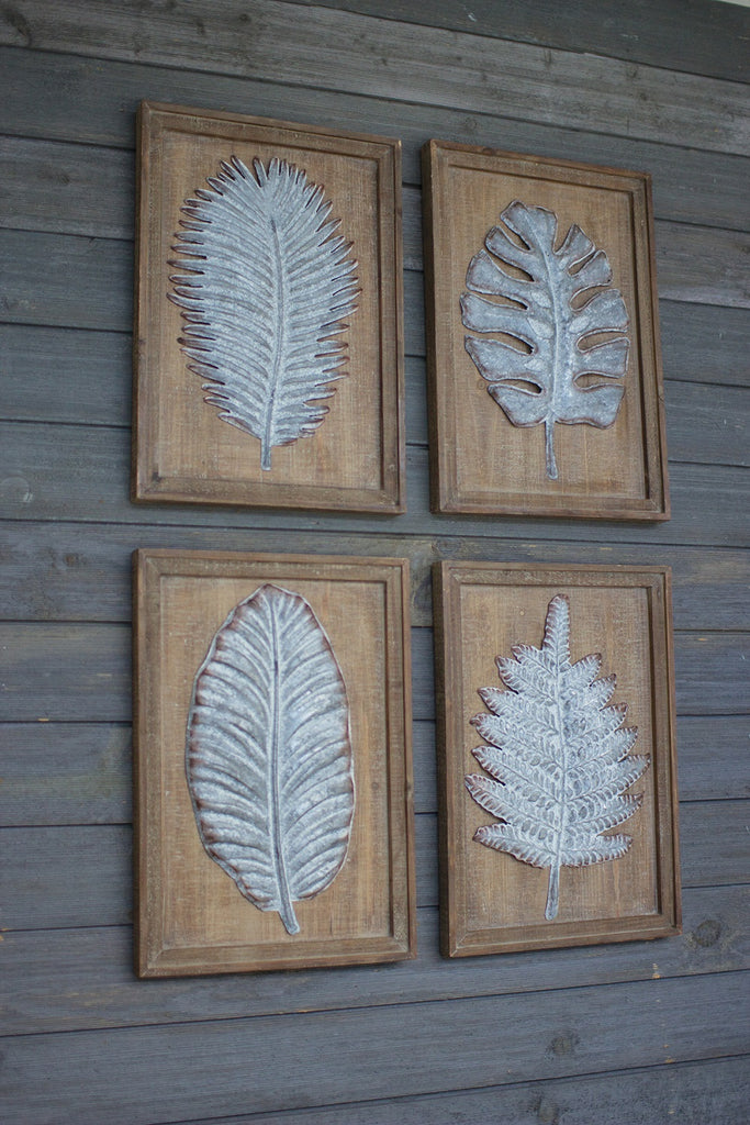 Wood Framed Metal Leaves - Set of 4