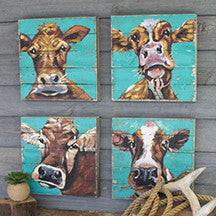 Cow Paintings On Recycled Wood Panels - Set of 4