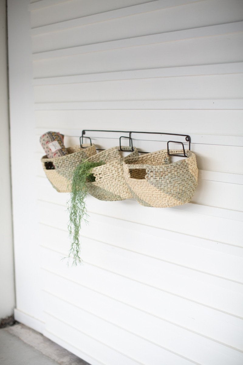 Hanging Woven Seagrass Baskets on Recycled Metal Frame - Set of 3
