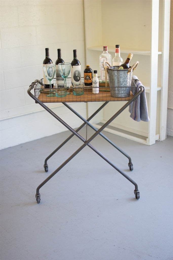 Wire And Honey Wood Tray With Folding Base And Casters