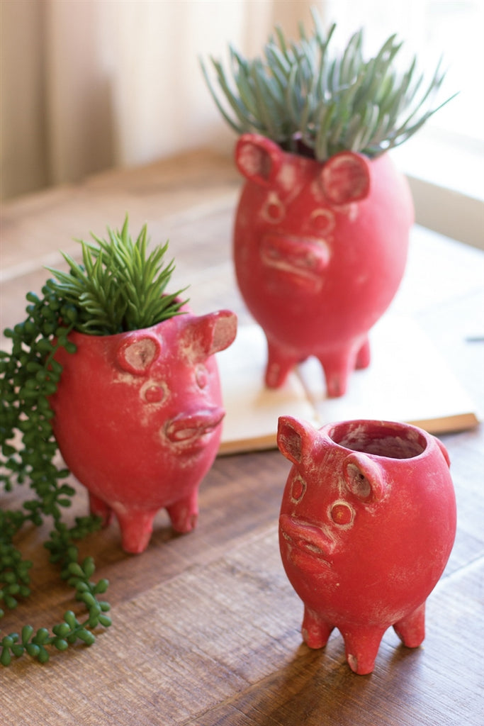 Tall Red Clay Pig Planters - Set of 3