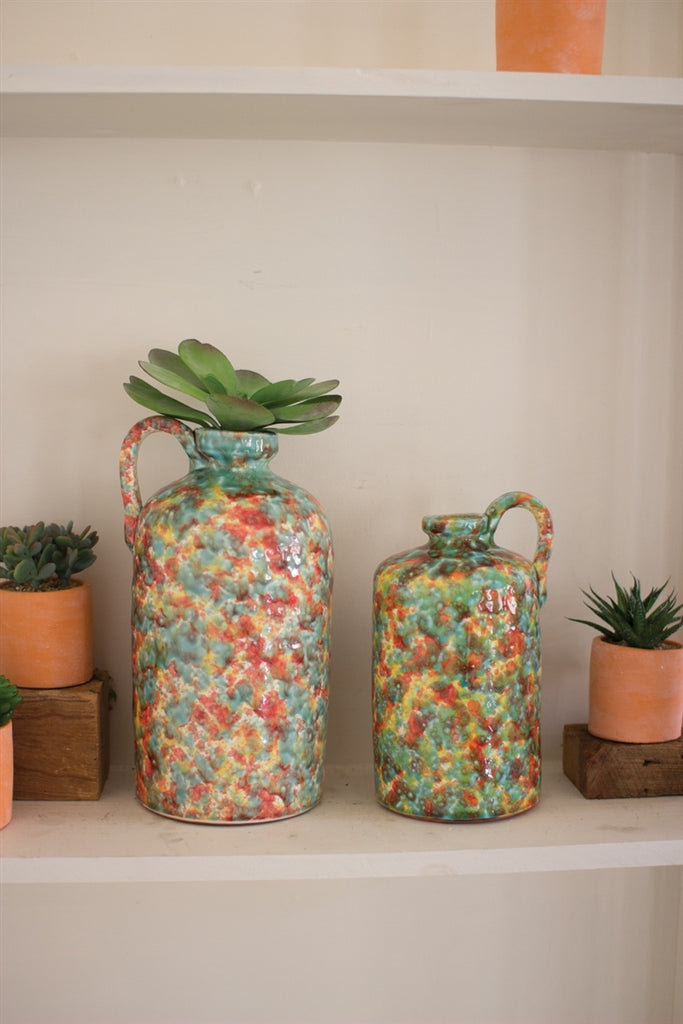 Multi Colored Spatterware Ceramic Bottles With Handle
