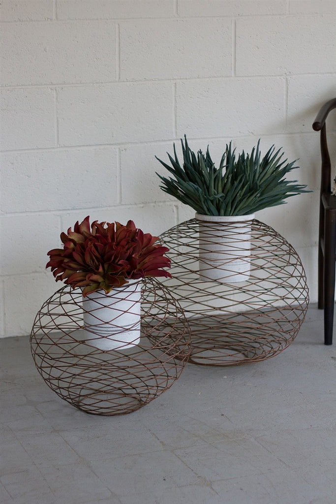 Copper Finish Wire Ball Planters With White Wash Pots - Set of 2