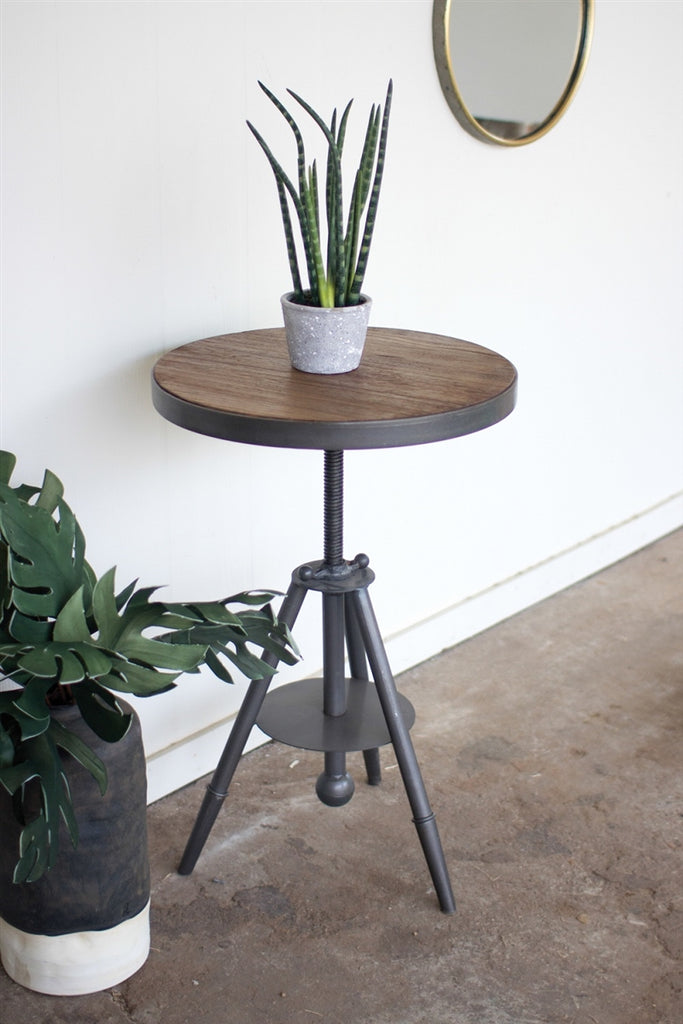 Round Wood And Adjustable Metal Side Table