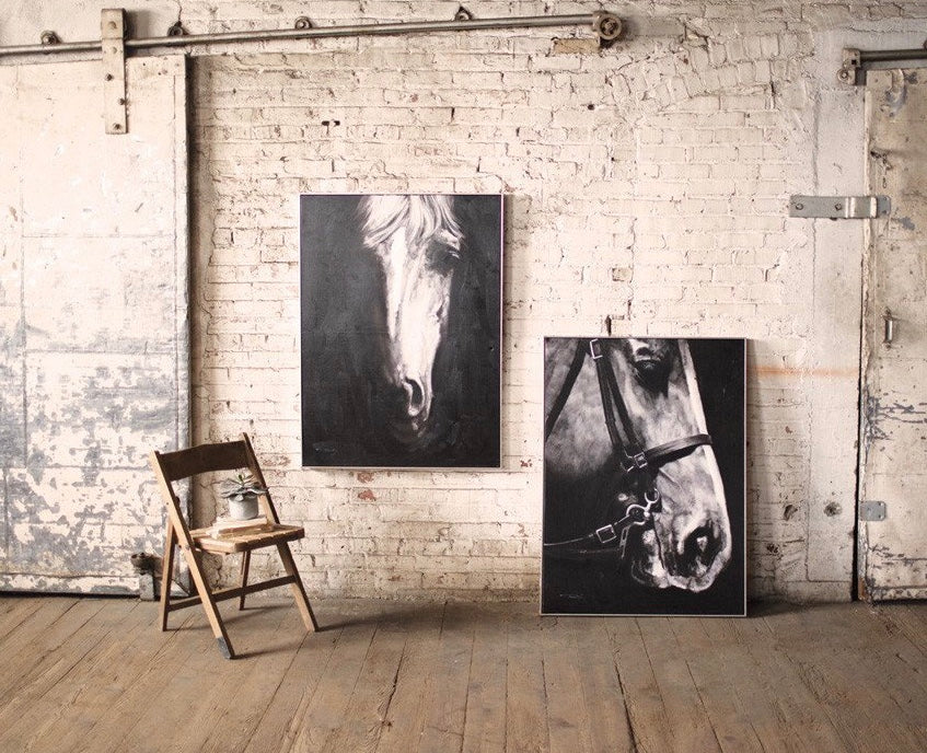 Black and White Horse Oil Painting With Silver Frame