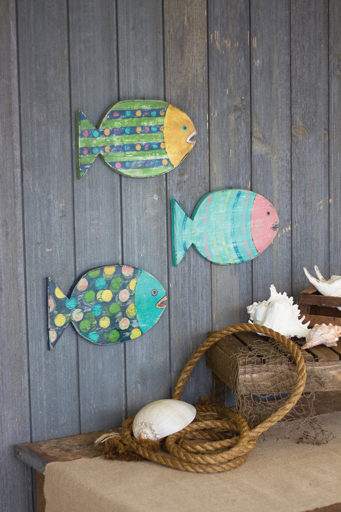 painted wooden fish wall hangings- set of 3 