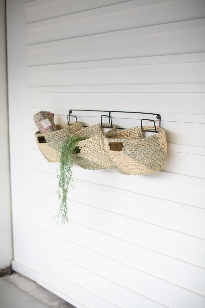 hanging woven seagrass baskets on recycled metal frame- set of 3 