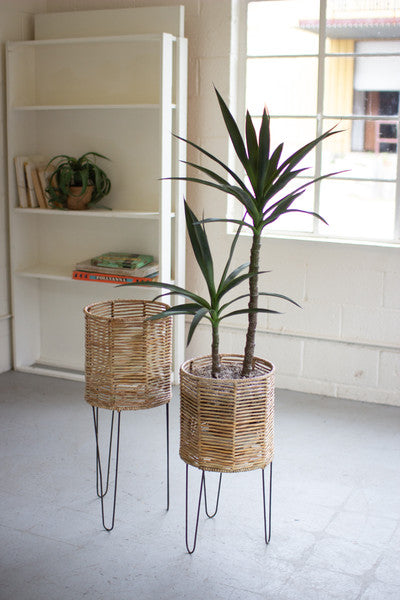 round seagrass planters with iron bases- set of 2 