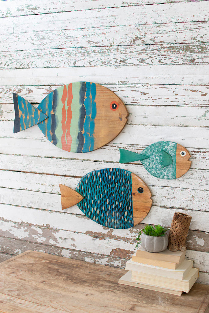 painted wooden fish wall hangings-set of 3 