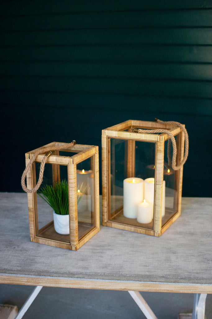 set of two rectangle rattan and glass lanterns