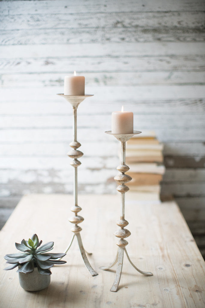 set of 2 painted metal candle towers