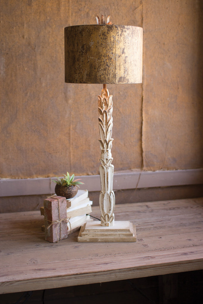 table lamp \ carved wooden base with rustic metal shade