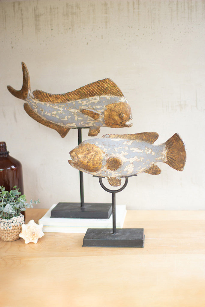 set of two painted resin fish on stands
