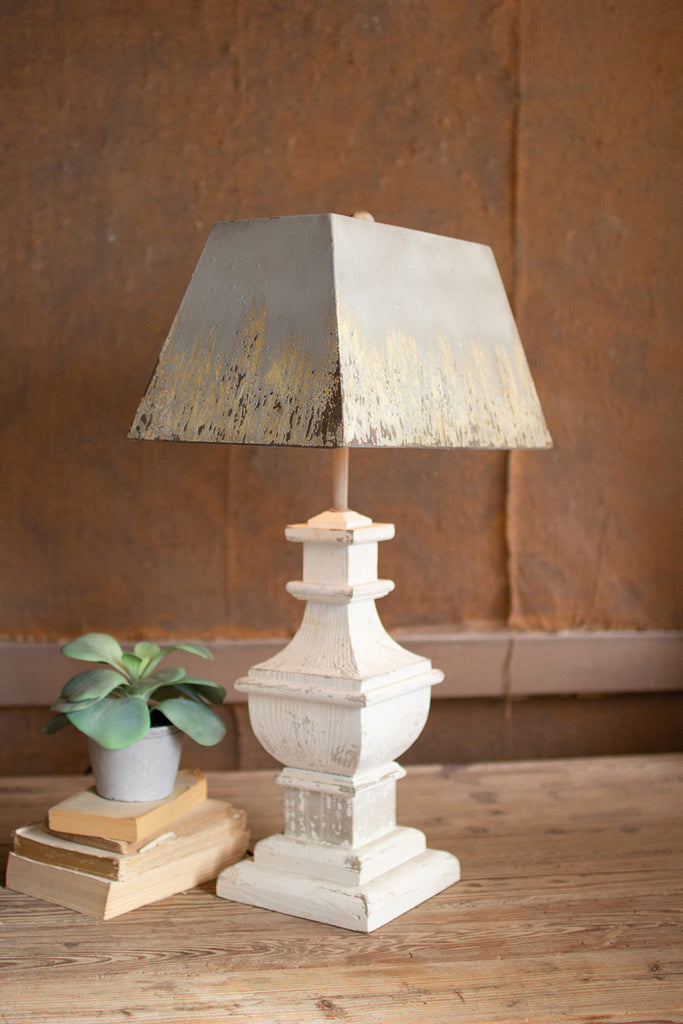 table lamp with painted wooden base and rectangle metal shade