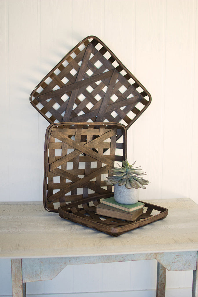 set of three dark brown square woven split wood baskets