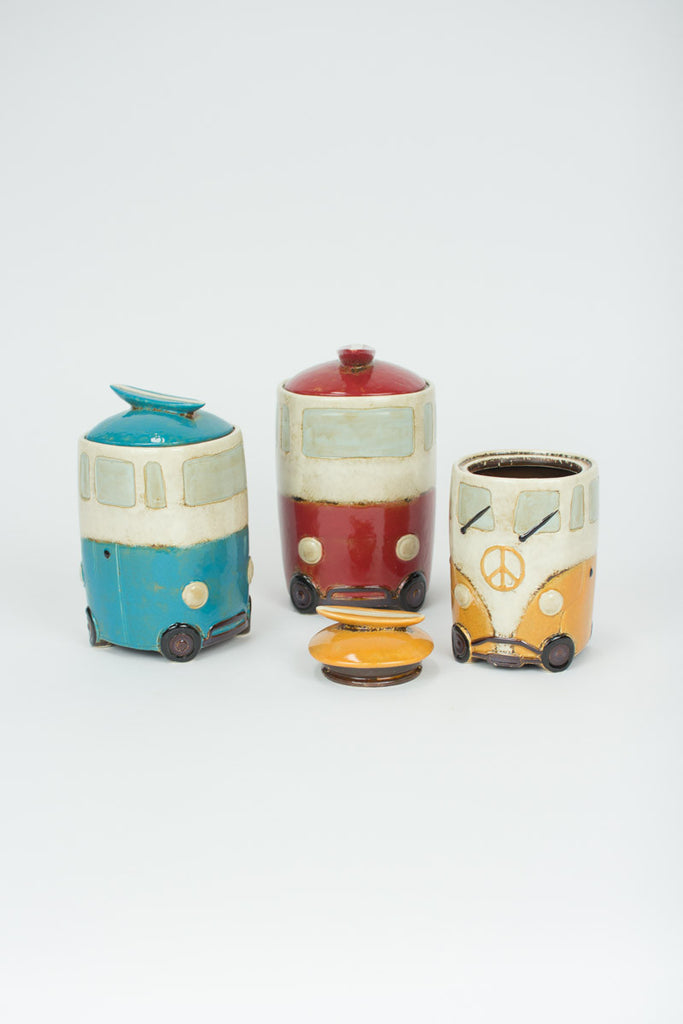set of 3 ceramic van canisters with surfboard handles