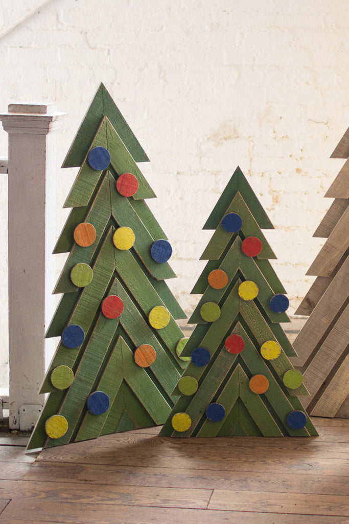set of two green wooden christmas trees