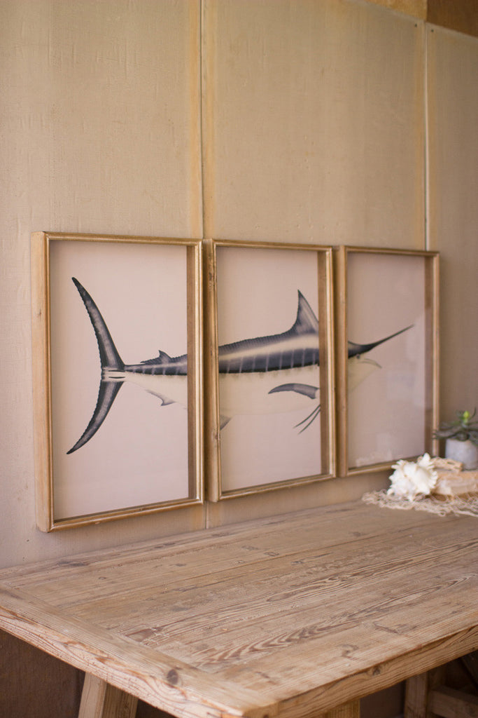 framed marlin triptych print under glass