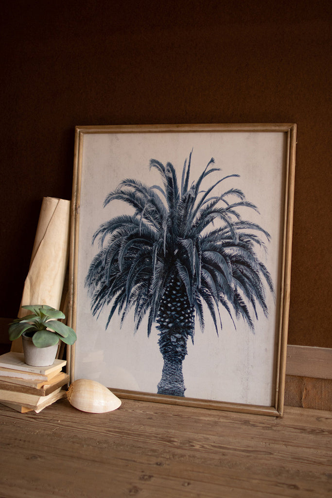 navy blue palm tree print under glass