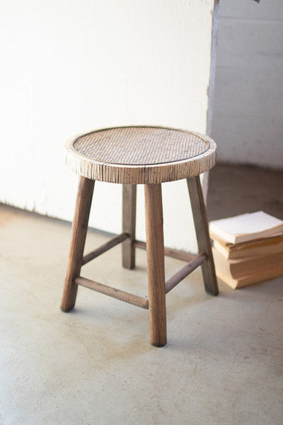 wooden accent stool with woven cane top