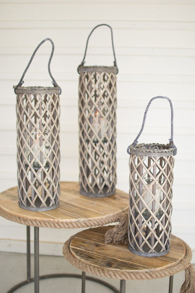 set of 3 grey willow lanterns with glass