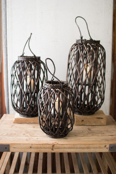 dark brown willow lantern with glass \ large