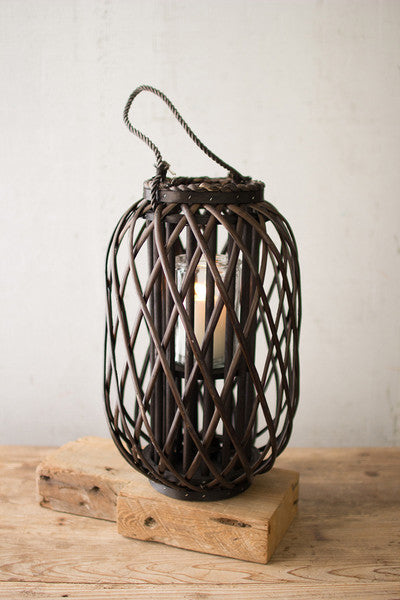 dark brown willow lantern with glass \ medium